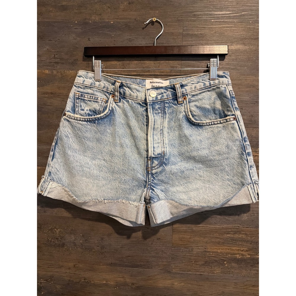 Reformation Charlie Cuffed High Rise Jean Shorts Light Wash Denim Size 28